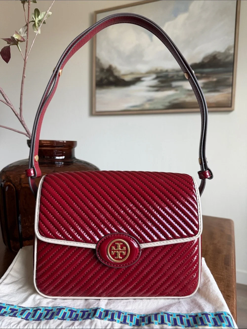 Tory Burch Robinson Patent Quilted Convertible Shoulder Bag- Authentic